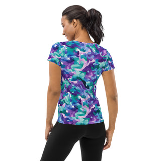 Blue-purple camo stretchy yoga tee - breathable activewear for running, training, or Pilates flow