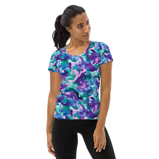Blue-purple camo athletic t shirt - moisture-wicking, stretchy fit for yoga, training, and movement