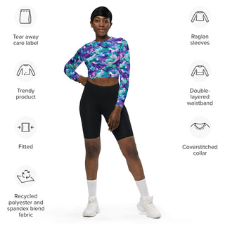 Athletic crop top with blue-purple camo - sleek fit with stretch and airflow for workouts and dynamic movement