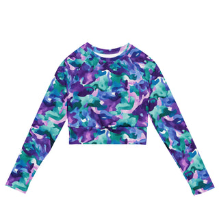 Stretchy crop top for yoga practice and flow - breathable fit with bold blue-purple camo for mindful movement