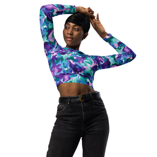 Blue purple camo crop top with stretchy fit - breathable design for yoga, training, and dynamic movement