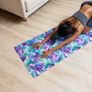 Yoga mat with blue-purple camo pattern - cushioned, tactile, and made for smooth, comfortable movement