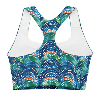 blue rainbows sports bra - supportive fit with removable padding for soft comfort, control, and bold motion