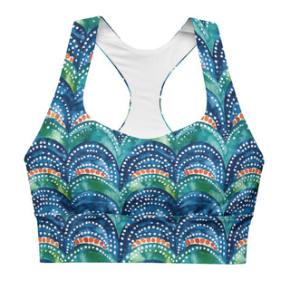 Supportive sports bra with soft fabric - blue rainbows print, made for comfort, movement, and bold energy