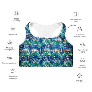 Blue rainbows scoop-neck sports bra - moisture-wicking, lined, and padded for soft racerback support