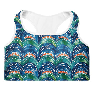 Blue rainbows scoop-neck sports bra - moisture-wicking, lined, and padded for soft racerback support