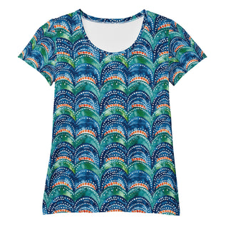 Stretchy athletic t-shirt with blue rainbows - breathable, fluid design made for movement and active flow