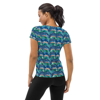 blue rainbows stretchy yoga tee - breathable activewear for running, training, or Pilates flow