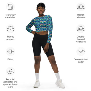 Athletic crop top with blue rainbows - sleek fit with stretch and airflow for workouts and dynamic movement