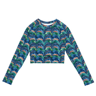 Stretchy crop top for yoga practice and flow - breathable fit with bold blue rainbows for mindful movement