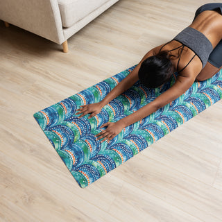 Yoga mat with blue rainbows pattern - cushioned, tactile, and made for smooth, comfortable movement