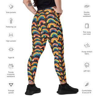 Leggings which shape, stretch, breathe - bright rainbows with side pockets, crossover fit, and UPF 50+