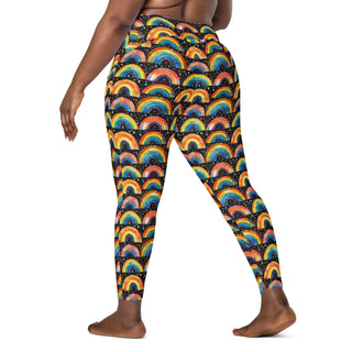 Crossover leggings built for gym sets and running stride - styled with bold bright rainbows for powered energy