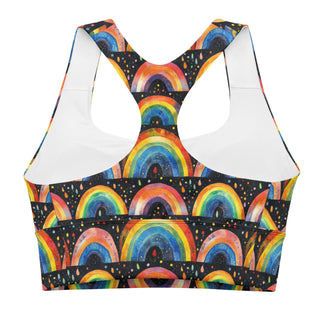 bright rainbows sports bra - supportive fit with removable padding for soft comfort, control, and bold motion