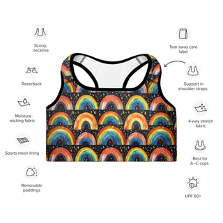 bright rainbows scoop-neck sports bra - moisture-wicking, lined, and padded for soft racerback support