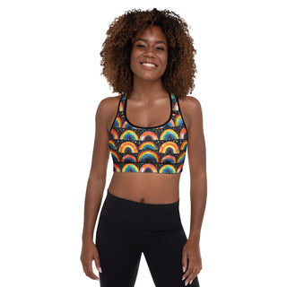 bright rainbows racerback sports bra- light, stretchy, made to move with joy, strength, and upbeat energy