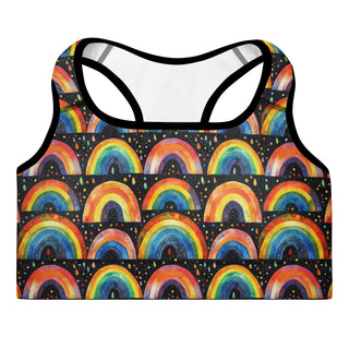 bright rainbows scoop-neck sports bra - moisture-wicking, lined, and padded for soft racerback support