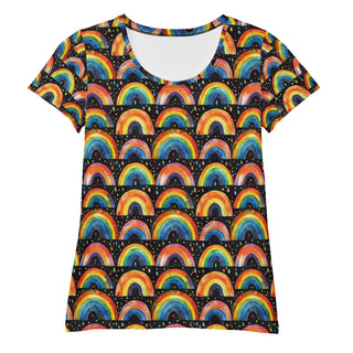 Stretchy athletic t-shirt with bright rainbows - breathable, fluid design made for movement and active flow