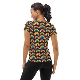 bright rainbows stretchy yoga tee - breathable activewear for running, training, or Pilates flow