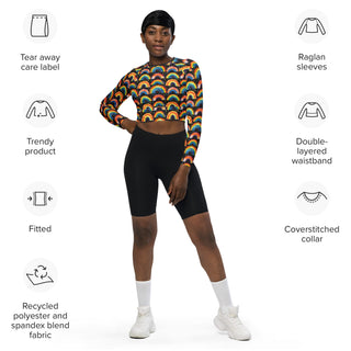 Athletic crop top with bright rainbows - sleek fit with stretch and airflow for workouts and dynamic movement
