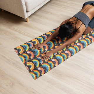 Yoga mat with bright rainbows pattern - cushioned, tactile, and made for smooth, comfortable movement