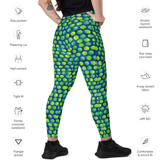 Leggings which shape, stretch, breathe - green blue dots with side pockets, crossover fit, and UPF 50+