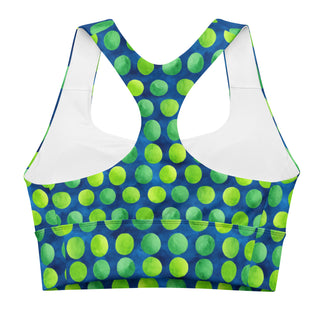 green-blue dots sports bra - supportive fit with removable padding for soft comfort, control, and bold motion