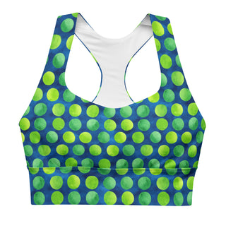 Supportive sports bra with soft fabric - green blue dots print, made for comfort, movement, and bold energy
