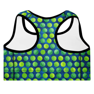green-blue dots padded yoga bra - racerback, lightweight stretch for freedom, stability, and mindful flow
