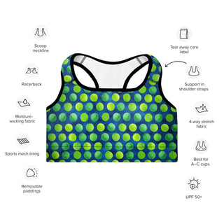 green-blue dots scoop-neck sports bra - moisture-wicking, lined, and padded for soft racerback support
