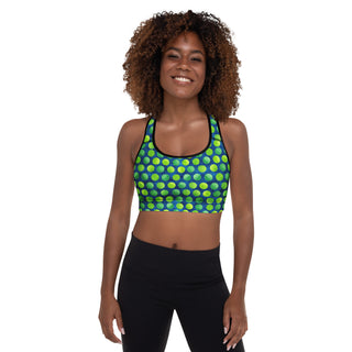 green-blue dots racerback sports bra- light, stretchy, made to move with joy, strength, and upbeat energy