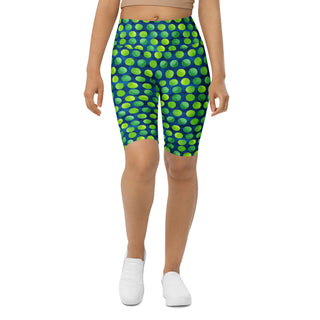 blue-green dots yoga shorts - bold, stretchy design built for deep yoga squats, flexible flow, and control