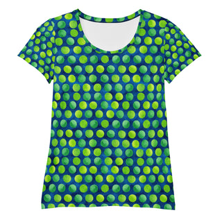 Stretchy athletic t-shirt with green-blue dots - breathable, fluid design made for movement and active flow