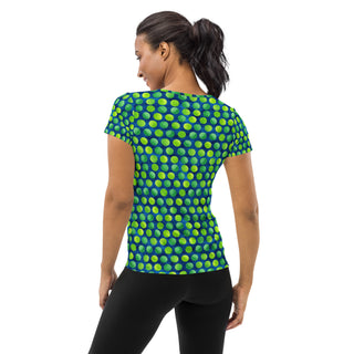 green-blue dots stretchy yoga tee - breathable activewear for running, training, or Pilates flow