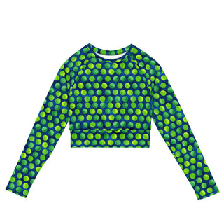 Stretchy crop top for yoga practice and flow - breathable fit with bold green-blue dots for mindful movement