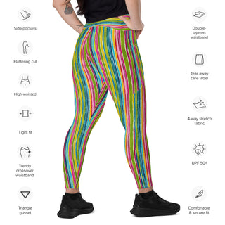 Leggings which shape, stretch, breathe - green pink stripes with side pockets, crossover fit, and UPF 50+