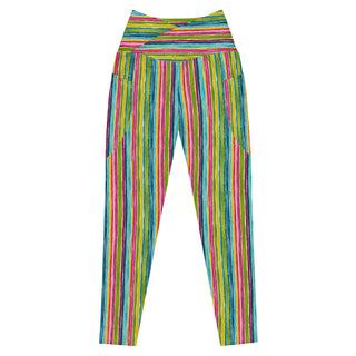 green pink stripes crossover high-waist leggings- vibrant, stretchy, and built for bold motion and flexible comfort
