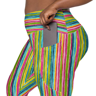 green-pink stripes crossover leggings - stretchy and built for bold motion, flexible flow, and fierce energy