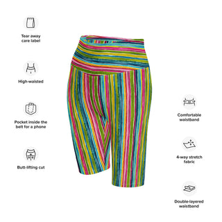 Athletic shorts with green-pink stripes - sleek fit with stretch for workouts and dynamic movement