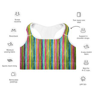 green-pink stripes scoop-neck sports bra - moisture-wicking, lined, and padded for soft racerback support