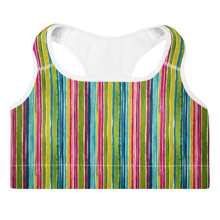 green-pink stripes scoop-neck sports bra - moisture-wicking, lined, and padded for soft racerback support