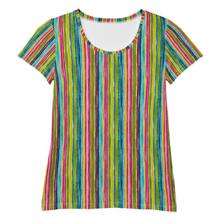 Stretchy athletic t-shirt with green-pink stripes - breathable, fluid design made for movement and active flow
