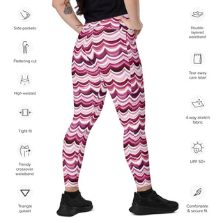 Leggings which shape, stretch, breathe - maroon waves with side pockets, crossover fit, and UPF 50+