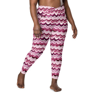 Stretchy crossover leggings for fluid yoga flow, balance, and breathe - styled in bold maroon waves