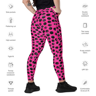 Leggings which shape, stretch, breathe - neon pink black dots with side pockets, crossover fit, and UPF 50+