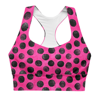 Supportive sports bra with soft fabric - neon pink black dots print, made for comfort, movement, and bold energy
