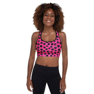 neon pink black dots racerback sports bra- light, stretchy, made to move with joy, strength, and upbeat energy