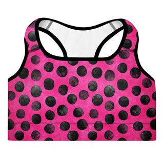 neon pink black dots scoop-neck sports bra - moisture-wicking, lined, and padded for soft racerback support
