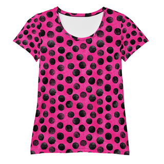Stretchy athletic t-shirt with neon pink black dots - breathable, fluid design made for movement and active flow