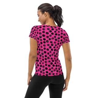neon pink black dots stretchy yoga tee - breathable activewear for running, training, or Pilates flow